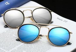 Hochwertige Sonnenbrille im runden Stil, Legierung, PU-Rahmen, verspiegelte Glaslinse für Männer und Frauen, Doppelsteg-Retro-Brille mit Paket