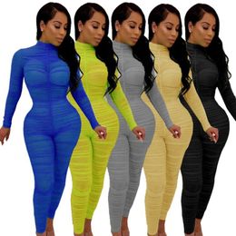 OMSJ Neon Green Colour Playsuit Sexy Skinny Long Sleeve Jumppsuit Womens Turtleneck Mesh Sheer Bodycon Clubwear One Piece Outfits 210317