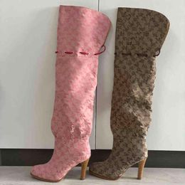 Kadınlar Diz Üzerinde Yaz Chelsea Kış Çizmeler Tasarımcı Önyükleme Moda Combat Boot Tuval Fermuar Ayarlanabilir Askıları Günlük Kadın Ayakkabıları Stiletto Topuk Büyük Boy