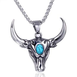 Pendant Necklaces Punk Skull Bull Head Pendants Natural Stone Men's Necklace Stainless Steel Long Chain Gothic Animal Jewellery For Friend Gif