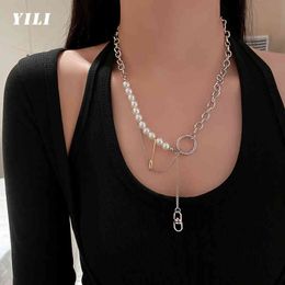 2021 Fashion Pearl Link Chains Necklace Punk Metal Pin Necklaces for Women Geometric Chain of Clavicle Party Jewelry Gift