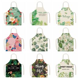 Durable Adult Kitchen Aprons Household Waterproof Oil-Proof Comfortable Leaves Sleeveless Linen Printing Work Apron Cooking Baking Bibs JY0709