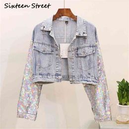 Light Blue Sequin Embroidery Denim Jacket Woman Autumn bling sequin Long-Sleeve short denim coat woman casual fashion 210603