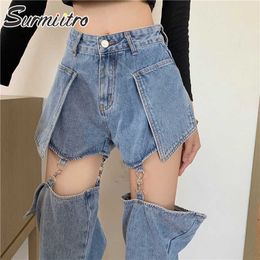 SURMIITRO Fashion Removable Long Denim Pants And Shorts Women Korean Style High Waist Boyfrind Mom Jeans Female 210712