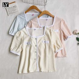 LY VAREY LIN Summer Women Sweet Puff Sleeve Hollow Out Loose Shirt Casual Square Collar Single Breasted Short Shirts Tops 210526