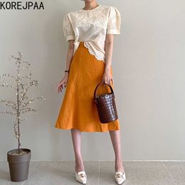 Korejpaa Women Set Summer Korean Chic Female French Lace Hollow Lace Puff Sleeve Shirt High Waist Loose A-line Skirt Sets 210526