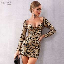 Adyce New Autumn Women Gold Celebrity Evening Party Dress Elegant Sexy Long Sleeve Sequined Deep V Mini Club Dress Vestidos 210309