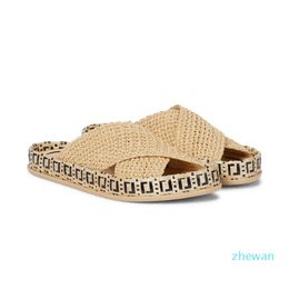 designers slides slipper Top quality Beige Braided raffia motif slide Sandals women slippers shoes flats sandal luxury