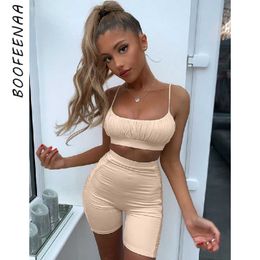 BOOFEENAA Sexy Ruched Two Piece Set Sport Clothes for Women Summer 2020 Crop Top Biker Shorts Tracksuit Lounge Wear C87-AB58 Y0702