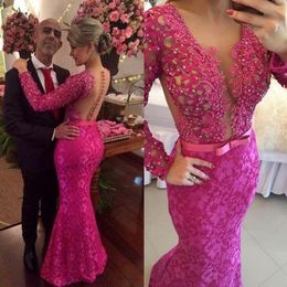 Fuchsia Lace Evening Dresses Long Sleeves Beaded Illusion Top Ribbon Bow Covered Buttons Back Floor Length Prom Party Gown Vestido 403