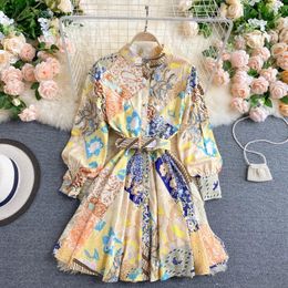 Women's Dress Autumn New Elegant Stand Collar Sashes Slim Short Retro Printed Court Style Mini Female Vestidos PL540 210316