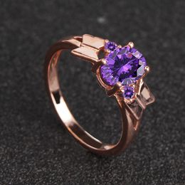 Cluster Rings Rose Gold Butterfly Oval Purple Crystal Ring Fashion Simple Feminine Romantic Gift
