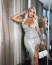 Casual Dresses Summer Women Sexy Slit Dress Silver Solid Colour Deep V-neck Spaghetti Strap Sleeveless With Sequins