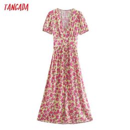 Tangada Summer Women Red Flowers Print French Style Midi Dress Puff Short Sleeve Ladies Sundress 5Z240 210609