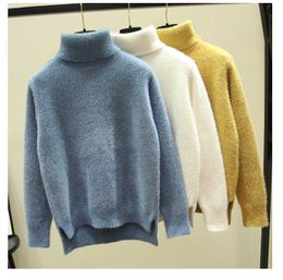 LY VAREY LIN Autumn Winter Women Oversized Sweater Turtleneck Solid Ladies Pullovers Loose Yellow Beige Warm Blue Tops 210526