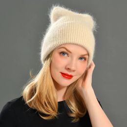 Winter Ears Female Warm Hair Girls Solid Cashmere Knitted Women Skullies Beanie Soft Hat