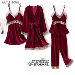 JULY'S SONG Fashion Velvet 4 Pieces Warm Winter Pajamas Sets Women Sexy Lace Robe Pajama Sleepwear Suit Sleeveless Nightwear 211112