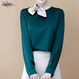 Loose Women Tops and Blouses Autumn Silk Office Lady Clothes Solid Long Sleeve Blusas Fashion Korean Tops with Bow 10548 210527