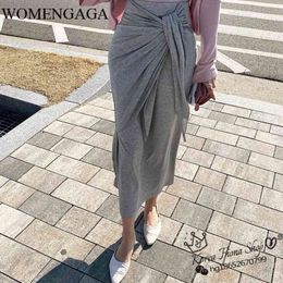 WOMENGAGA Spring Summer Slim High Waist Ankle-Length Skirt Women Temperament Lacing Solid Color Hip-covered WYB2 210603