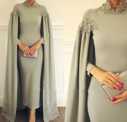 2022 Arabic Grey Evening Dresses Wear Jewel Neck Lace Appliques Crystal Beads Ankle Length With Cape Custom Sexy Prom Long Sleeves Robe De Marrige