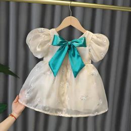 Children Dresses Apricot Color Princess Bow Belt Short Sleeve Kids Clothes Girls Summer Dress Korean Style Casual Birthday Dress Q0716