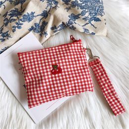 Cherry Red Plaid Cotton Fabric String Handbag Women Girls Sweet Zipper Shoulder Bags Card Holder Mini Make Up Bag Case