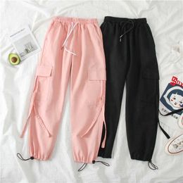 Spring Cargo Pants Student Sport Casual Sweatpant Black High Waist Pocket Trousers Streetwear Womens Joggers 210531