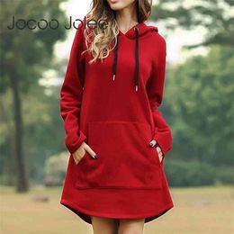 Jocoo Jolee Women Spring Solid Hoodies Casual Long Style Sweatshirt Pocket Oversized Hoodie kpop Hoody Dress Pullover 210803