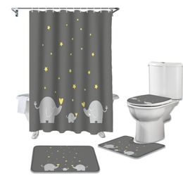 Shower Curtains Cartoon Stars Elephant Family Print Curtain And Bath Rugs Set Modern For Bathroom Home Decor