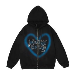 Korean Fashion Graffiti Heart Letter Bear Printed Fleece Zip Up Men Hoodies Pullover Harajuku Hooded Sweatshirts Cotton Jacket 211014