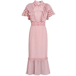 PERHAPS U Pink Polka Dot Bow Collar Ruffle Sleeve Short Sleeve Dress Trumpet Mermaid Ruffle Button Criss-cross Bow Summer D1395 210529