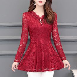 Women Tops New Plus Size M-5XL Lace V-neck Long-Sleeved Lace Blouses shirt womens clothing blusas mujer de moda Blusa 926F 210225