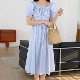 Princess Solid Girls Vintage French High Waist Elastic-Waist Chic Party Loose Sweet Long Dresses Vestidos 210525