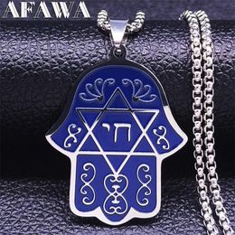 Pendant Necklaces Hebrew Judaism Hexagram Stainless Steel Hamsa Hand Chain Blue Silver Color Of Fatima Jewelry Joyeria N3671S02