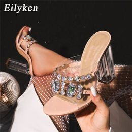 Eilyken Summer New Clear Perspex Heel Woman Slippers Fashion PVC Transparent Diamond Crystal Sandals Ladies Party Shoes 210310