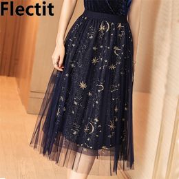 Flectit Gold Moon Star Embroidered Tulle Skirt Vintage Semi Sheer Fabric High Waist Pleated Midi Skirt For Women Ladies 210310