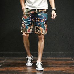 2021 summer new Hawaiian style flower beach shorts men's cotton linen elastic waist large size casual shorts M-5XL 210316