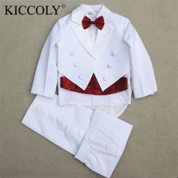New Boy Baby Formal Wedding Clothing Set Tuxedo Kid 5 Piece Coat+Girdle+Shirt+Tie+Pants Children Clothes Suit 210309