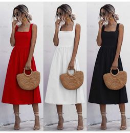 Women Long Dress Pleated Spaghetti Strap Clothes Sexy Backless Casual Summer Ruched Slip Midi Sundresses Ladies White Black 210623