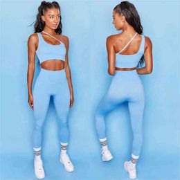 Seamless Sport Set Women Blue Two 2 Piece Crop top Bra Shorts Yoga suit Running Workout Outfit Fitness Wear Summer Gym 210802