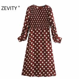 Zevity Women Vintage O Neck Polka Dot Print Elastic Midi Dress Office Ladies Chic Puff Sleeve Casual Business Vestido DS4566 210603