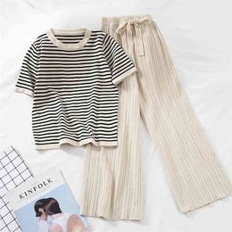 Women Tracksuit Summer Striped Blouse and Pants 2 Piece Sets Korean Casual Loose Outfits Knitted Suits 210709