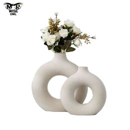 Donuts Flower Pot Nordic Circular Hollow Ceramic Vase Home Decoration Accessories Office Desktop Living Room Interior Decor Gift 211103
