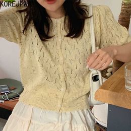Korejpaa Women Sweater Summer Korean Gentle Temperament Hollow Design Single-Breasted Loose Short-Sleeved Knitted Cardigan 210526