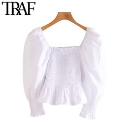 TRAF Women Sweet Fashion Elastic Smocked Cropped Blouses Vintage Puff Sleeves Ruffled Female Shirts Blusas Chic Tops 210225