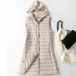 White Duck Down Women's Long Vest With Hooded Slim Warm Ultra Light Sleeveless Female Vests Coat Winter Solid Plus Size 4XL 210819