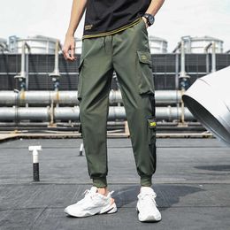 Men's Side Pockets Cargo Harem Pants New Ribbons Black Hip Hop Casual Male Joggers Trousers Fashion Casual Streetwear Pants Y0811