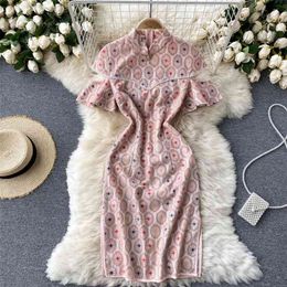 Women Fashion Vintage Cheongsam Improved Stand Collar Slim Fork Sexy Package Hip Dress Summer Elegant Vestidos S696 210527