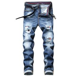 Black Ripped slim Jeans straight Spring fashion trousers Regular Fit Hole Stretch Jeans Male Brand Pants