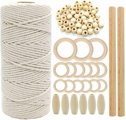 -Fios de madeira de madeira macramão corda natural algodão corda com vara de madeira Bead para DIY Teether kit parede pendurado # T2G